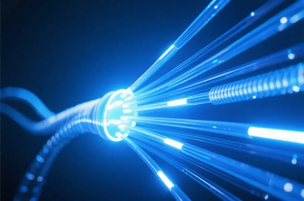Abstract high-speed fiber optic cables glowing with blue and white light, representing fast data transmission and internet speed, technology background